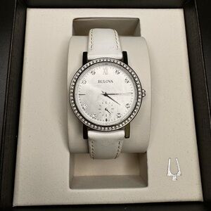 COPY - White Bulova Leather Watch with Diamond Trim